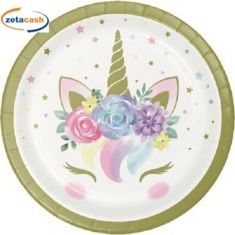 PIATTI DI CARTA UNICORNO CON BORDO ORO 18 CM