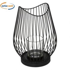 LANTERNA PORTACANDELA IN FILO NERO IN METALLO E VASO VETRO