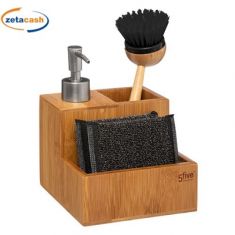 DISPENSER SAPONE CON SPAZZOLA IN BAMBOO E 2 SPUGNE NERE
