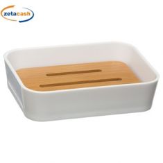 PORTA SAPONE IN PLASTICA BIANCO E BAMBOO CM 9X12X3