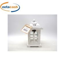 LANTERNA IN LEGNO CON TETTO IN METALLO BIANCA CM H 22 X12X12