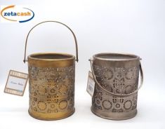 LANTERNA PORTACANDELA CILINDRO METALLO ARABESQUE MANICO H18