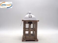 LANTERNA LEGNO NATURALE CON VETRO MANICO METALLO BIANCO H22