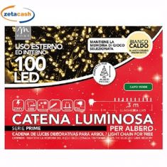 CATENA 100LED BIANCO CALDO CAVO VERDE 8 GIOCHI LUCE 8MT