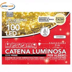 CATENA 100LED BIANCO CALDO CAVO BIANCO 8 GIOCHI LUCE 8MT