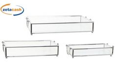 SET 3 VASSOI DECORATIVI RETTANGOLARI VETRO METALLO MANICI