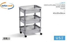 CESTO IMPILABILE 3 ALTEZZE ARGENTO CON ROTELLE 40X30XH58 CM
