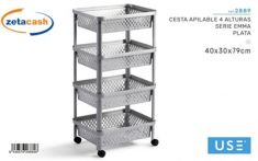 CESTO IMPILABILE 4 ALTEZZE ARGENTO CON ROTELLE 40X30XH79 CM