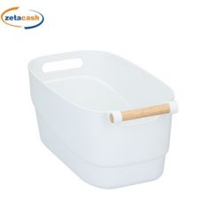 CONTENITORE MULTIUSO IN PLASTICA BIANCO CON MANICO IN LEGNO