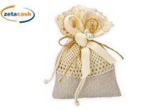 SACCHETTI 10 PEZZI BEIGE IN COTONE CON TOMBOLO E TIRANTE